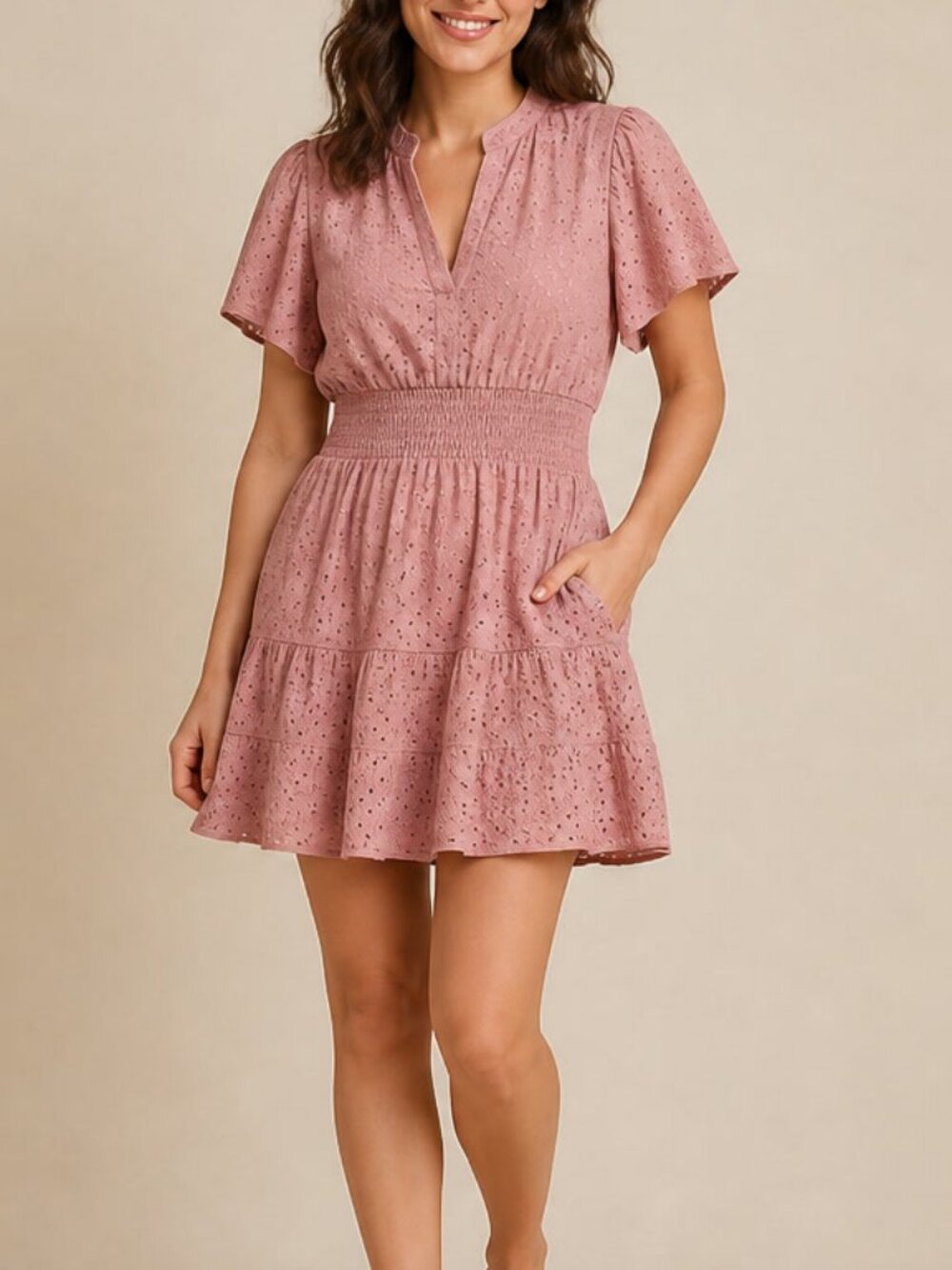 BTFBM Dusty Pink V-Neck Boho Mini Dress M #10